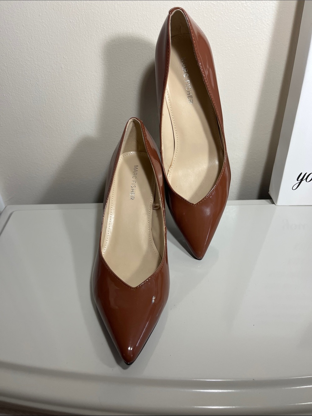 Marc Fisher Glossy Chestnut Pointed-Toe Pumps - Picture 2 of 9